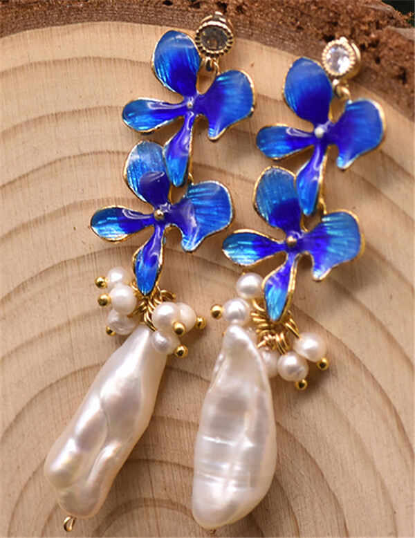 Natural Fresh Water Baroque Pearl Cloisonne Flowers Dangle Drop Earrings women