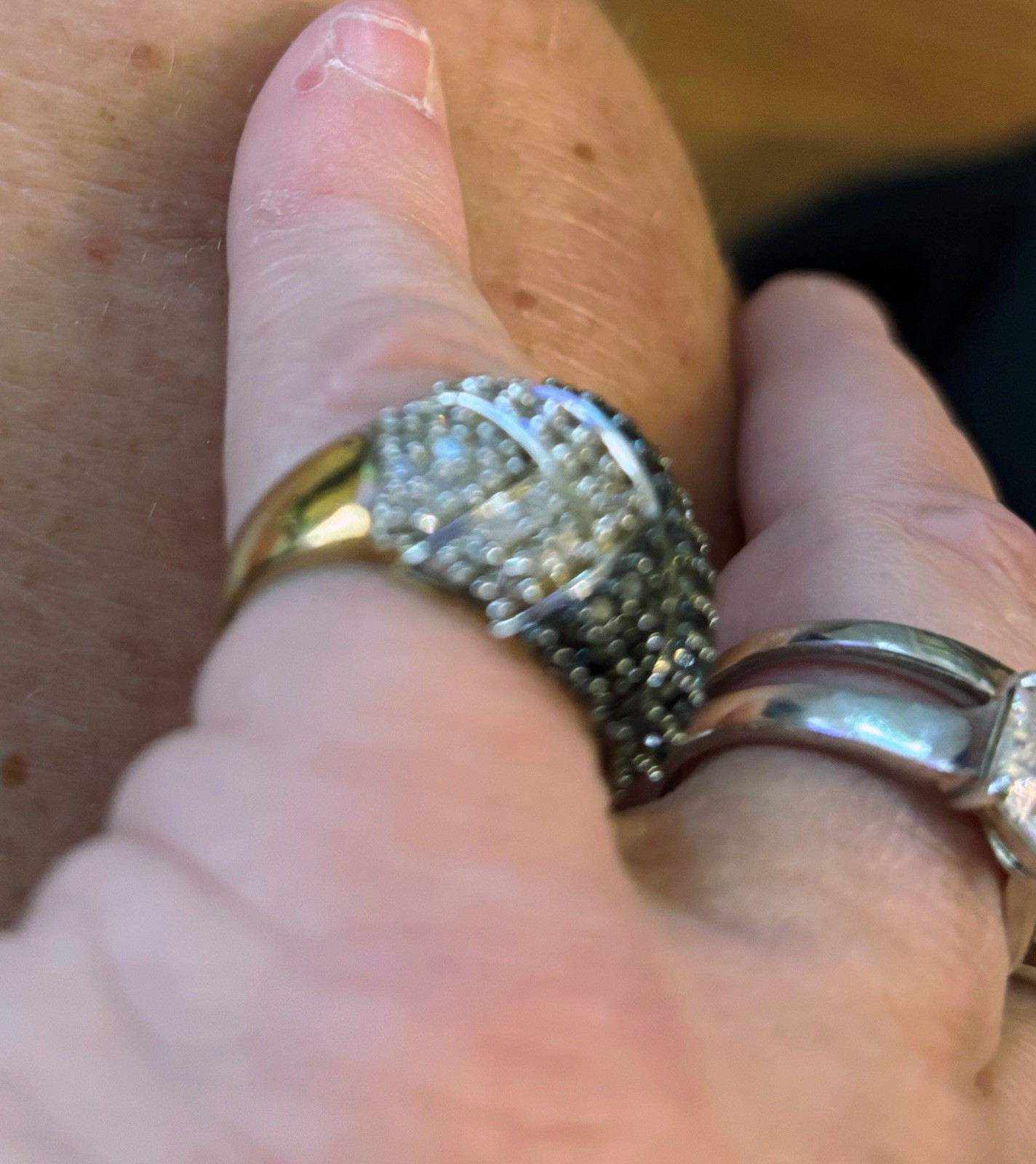 Gold Tone Pavé Black & Clear Crystal Dome Cocktail Band Ring Size 5.25 stamp 925