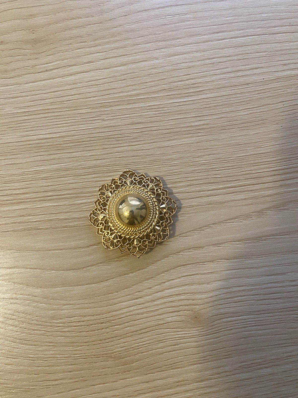 TRIFARI Gold Tone Filigree Flower Brooch Pin w/ Round Faux Clutch Back