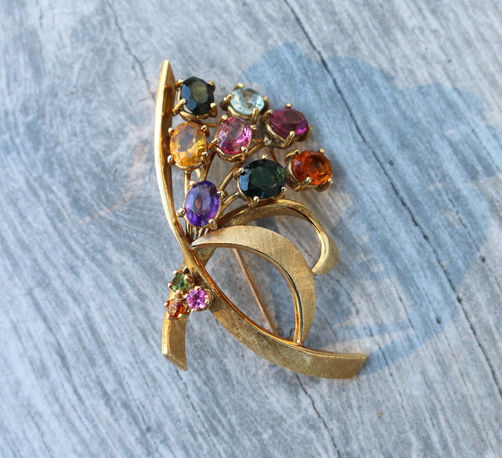 Gorgeous Vintage 18kt 750 Yellow Gold Amethyst, Citrine Bundle Pin Brooch 13.0 G