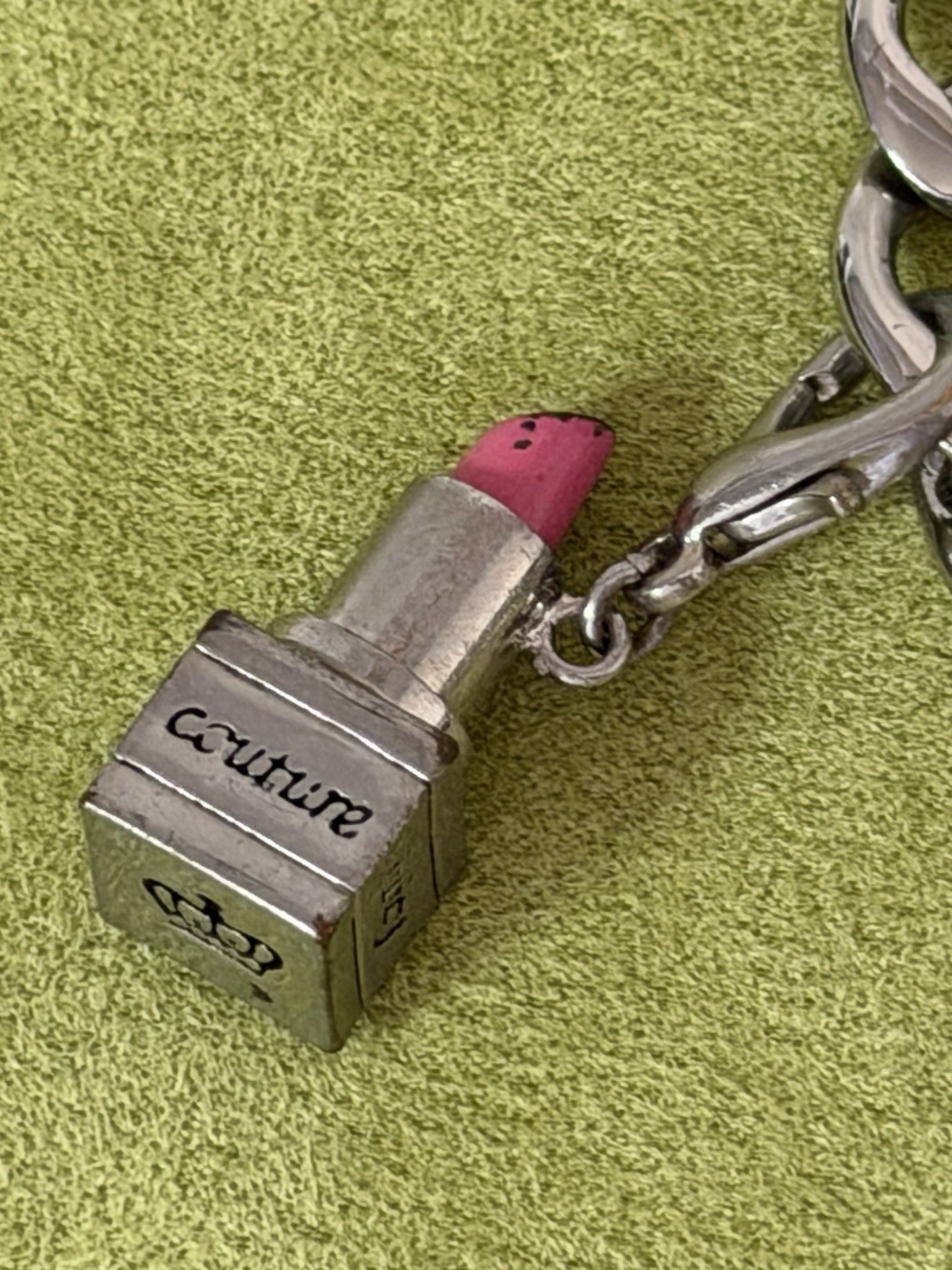 Juicy Couture Signed Silver/Pink Curb Link Charm Bracelet Toggle Crystal Enamel