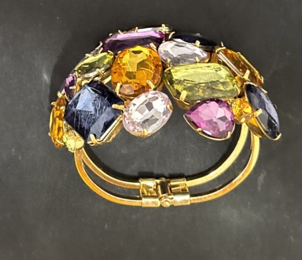 Vintage Gold Tone Plastic Resin Rhinestones Wide Hinged Bracelet Wow