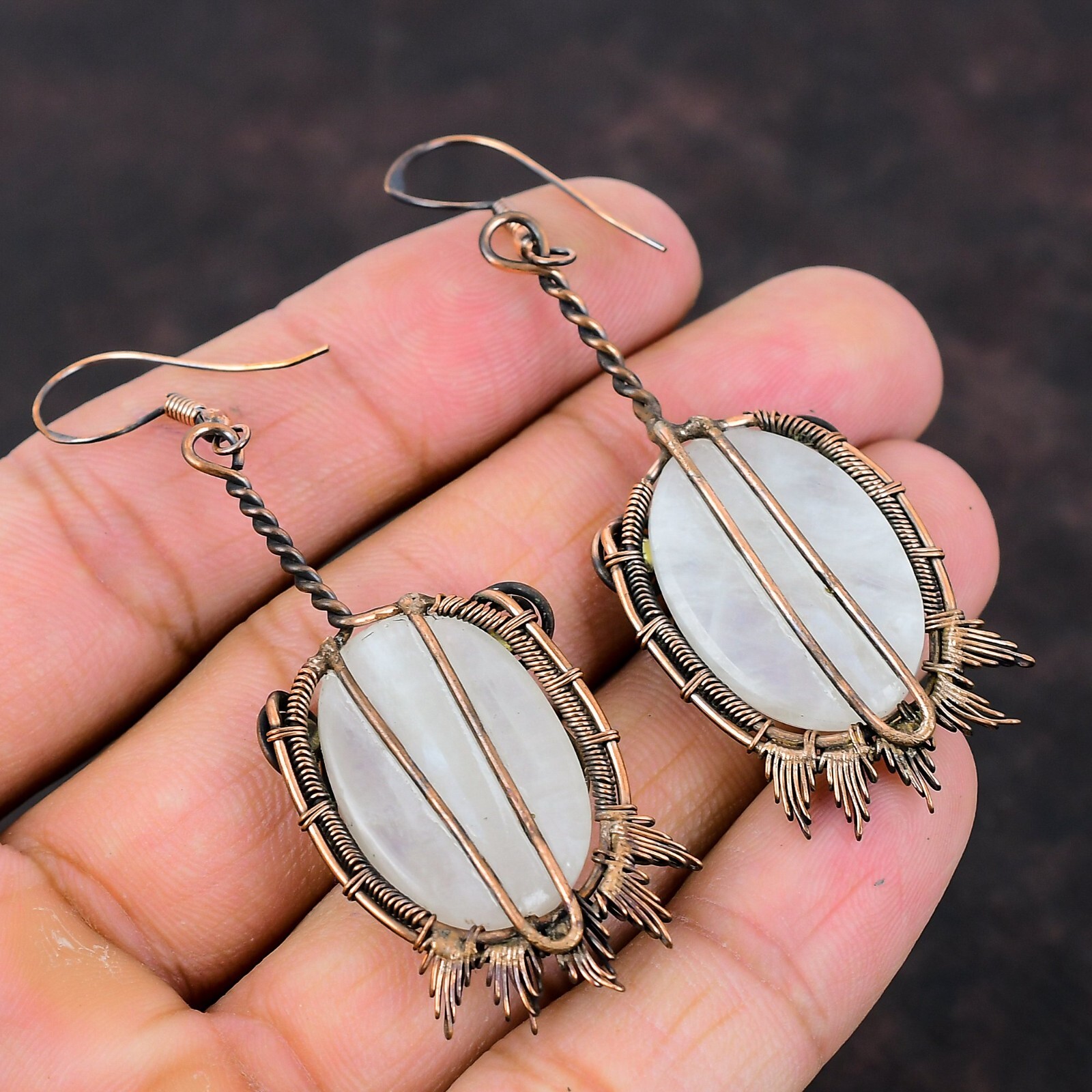 Rainbow Moonstone Copper Gift For Briedsmaid Wire Wrapped Earrings 2.87″