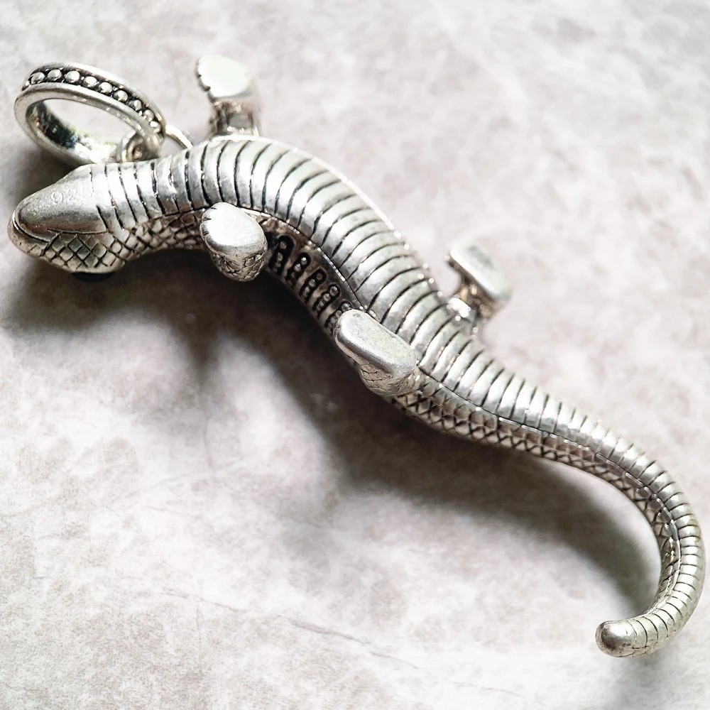 Lizard Black Onyx Pendant 925 Sterling Silver 2.6 Inch Long