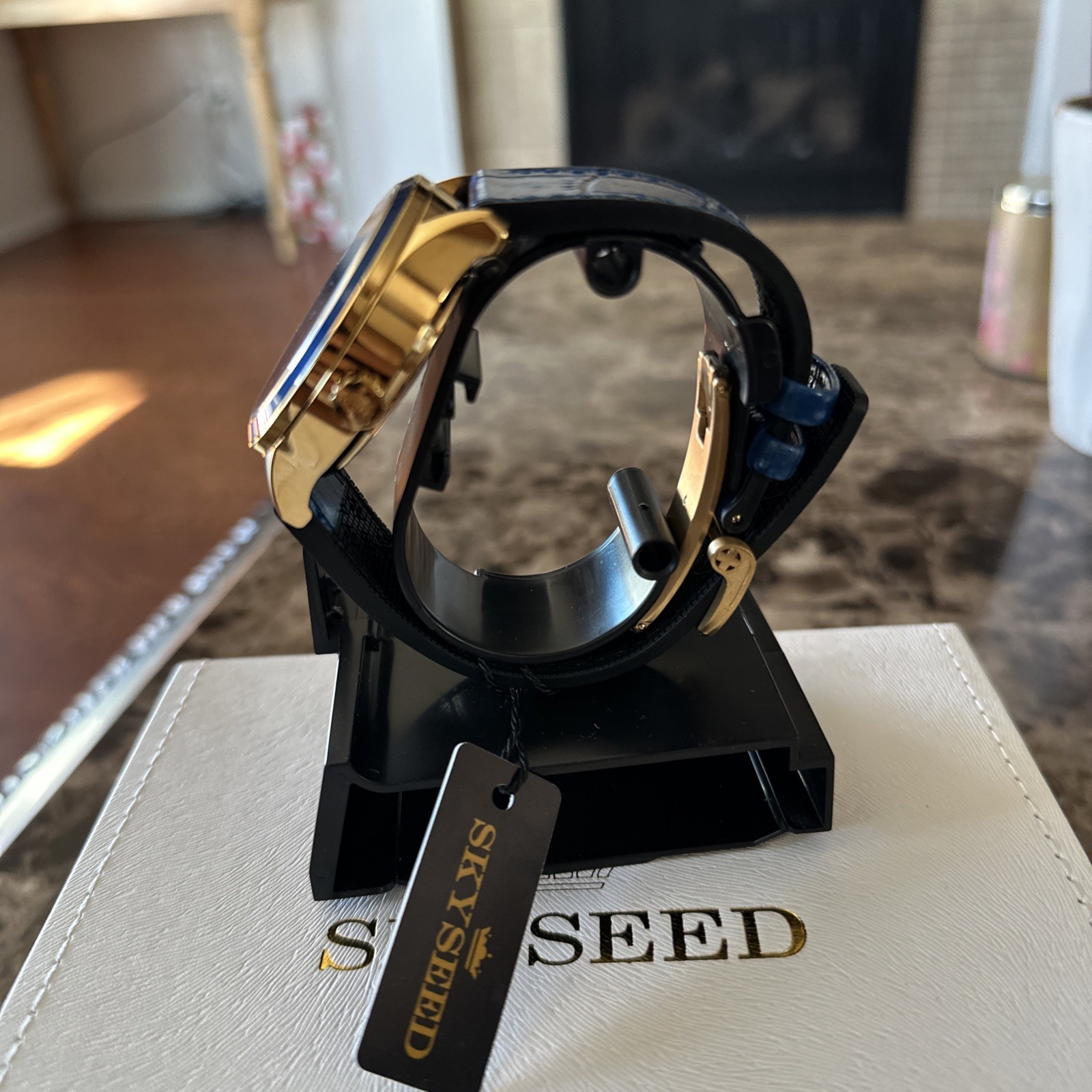 SKYSEED Celestial Blue Leather Band Men’s Analog Wristwatch Gold Accents Box