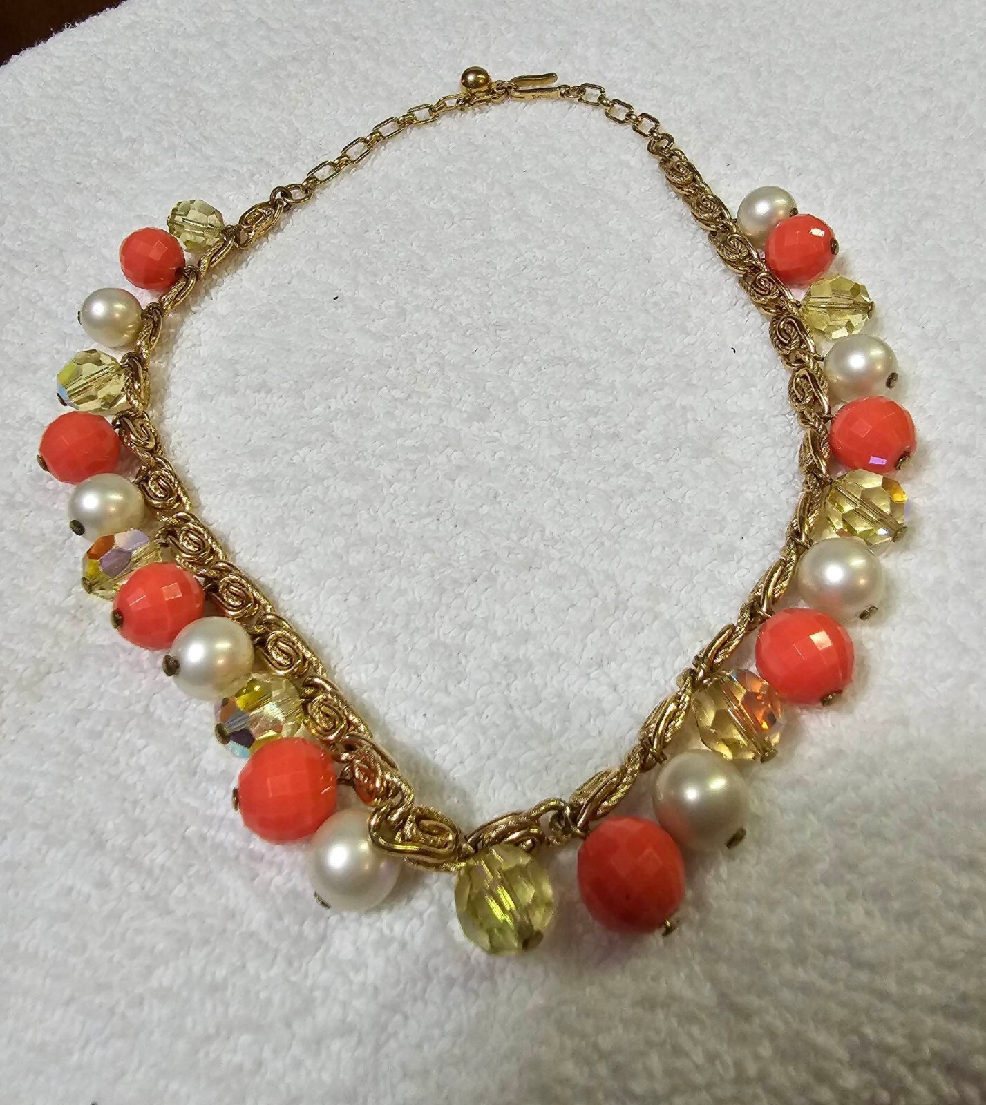 Trifari choker necklace w/ faux pearl orange & yellow citrine color beads 15in”