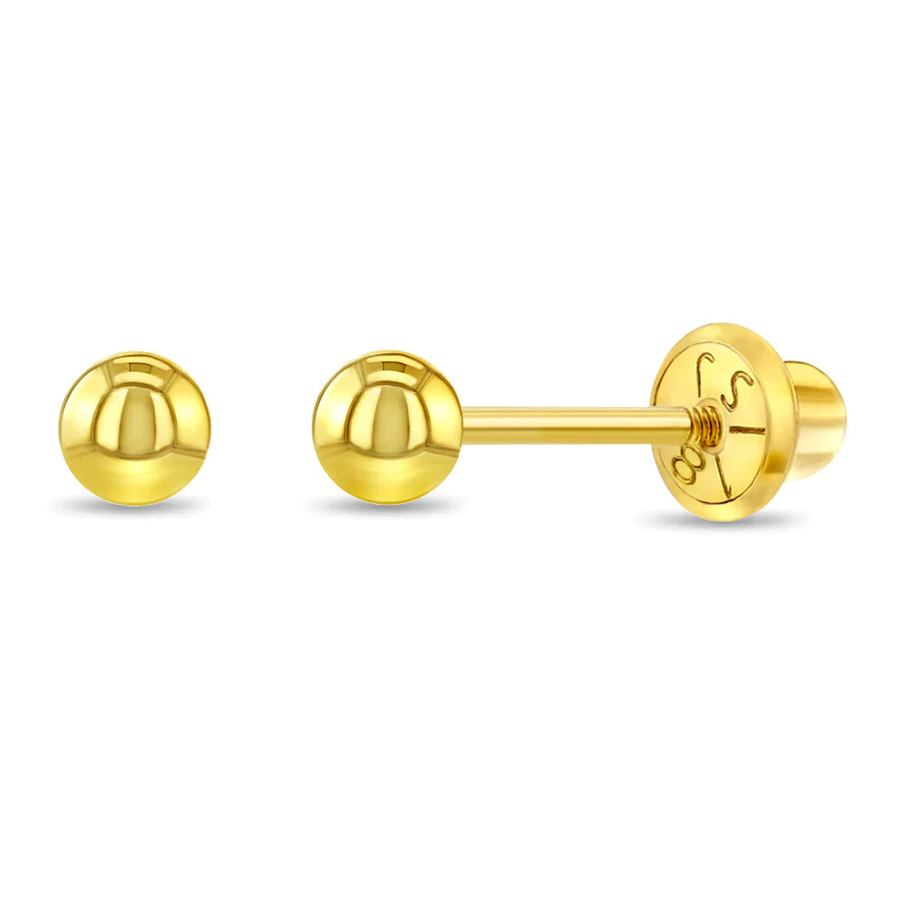 18k Yellow Gold Classic Ball Safety Screw Back Earrings for Little Girls 3mm-5mm
