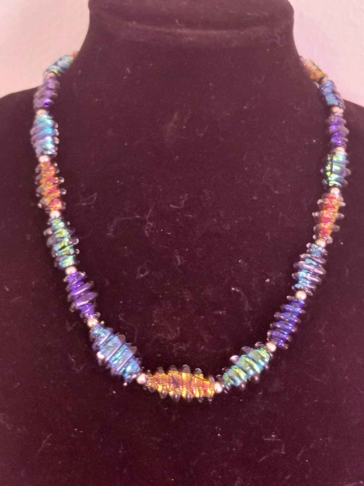 RARE: 1970 HANDMADE DICHROIC GLASS Disk Necklace-Heavy Solid Sterling Hardware
