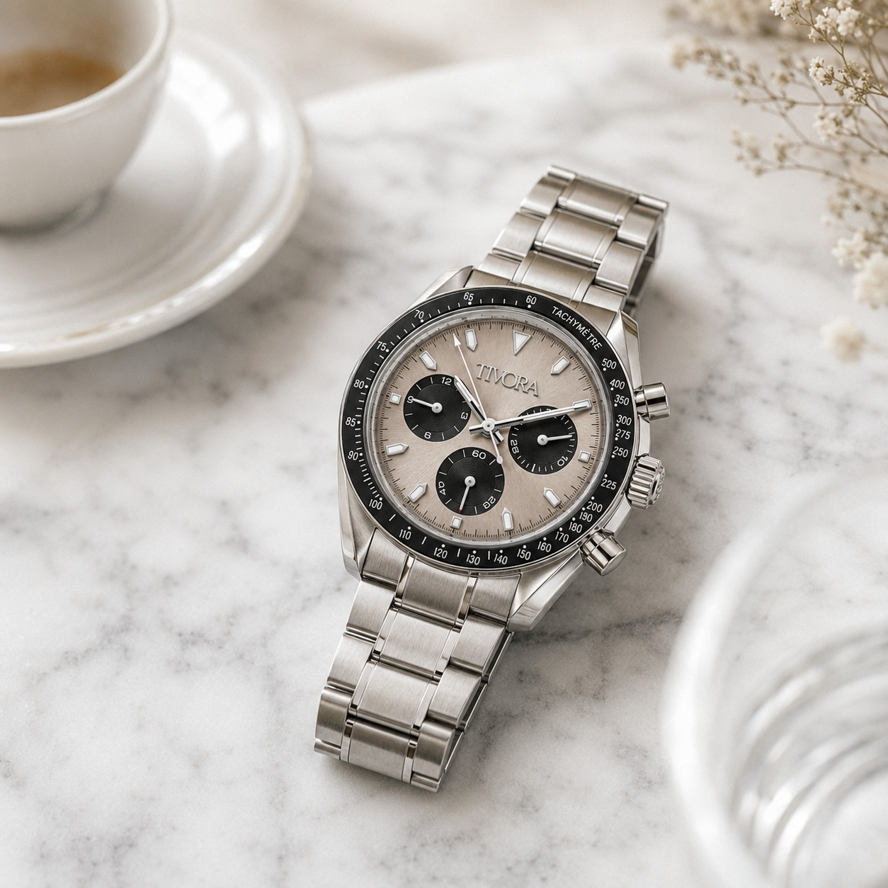 TÍVORÁ Veyron Argent Steel Champagne Dial – Custom Branded Automatic Chronograph