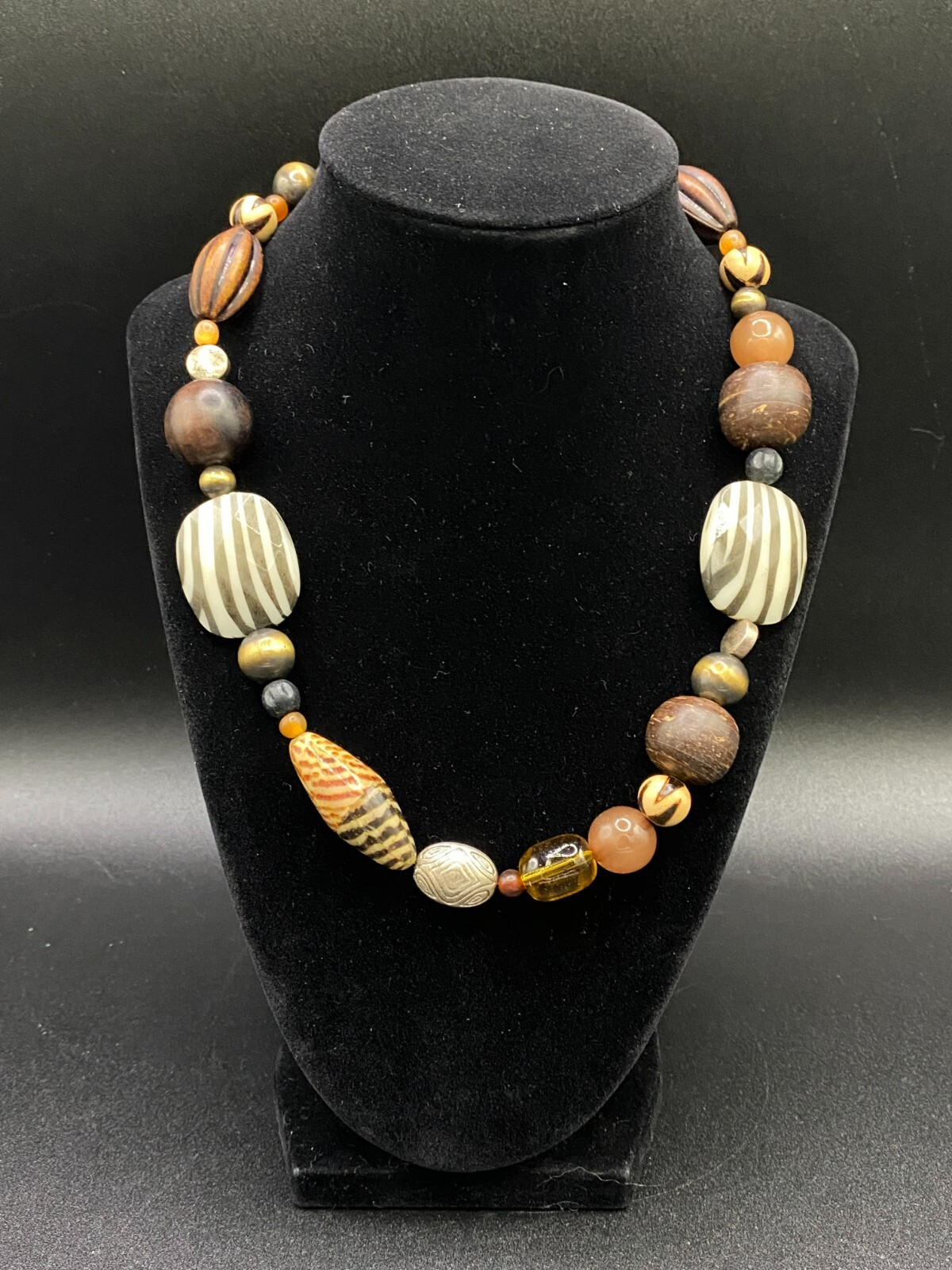 Wood Plastic & Metal Tribal Animal Print Motif Necklace