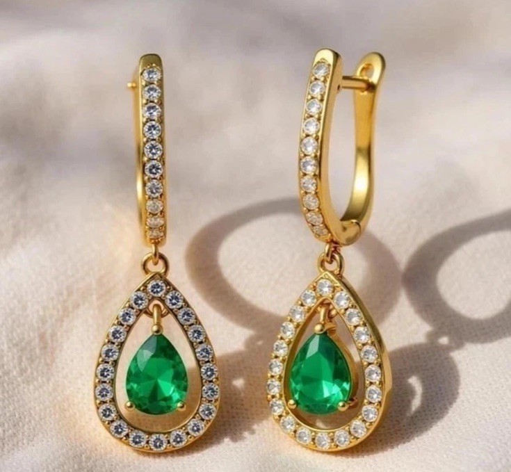 14k Solid Yellow Gold Natural Emerald Earrings Drop Dangle Emerald Earring