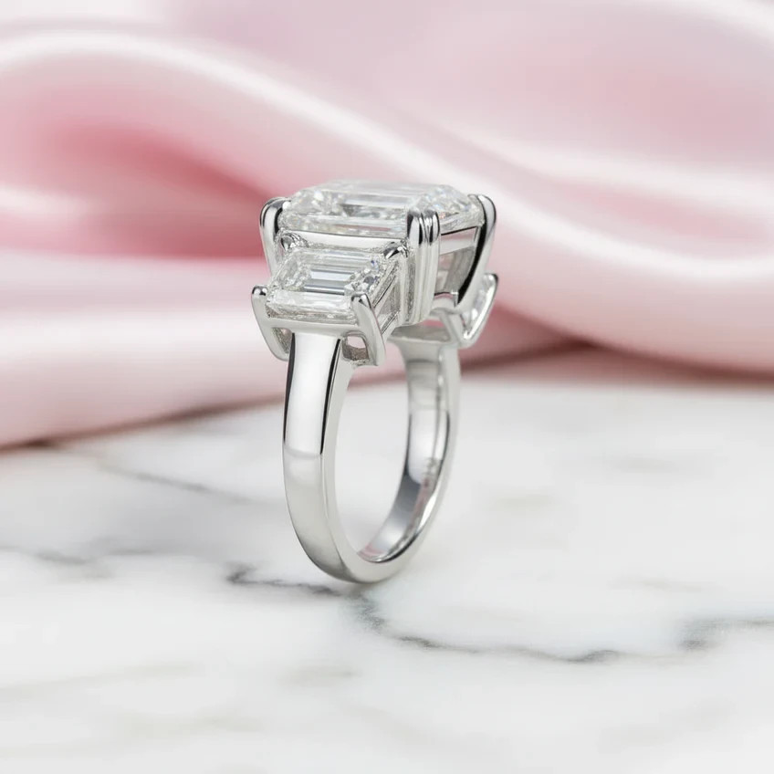 3CT Emerald Cut Created Diamond Option 3 Stone Engagement Ring In 925 Silver