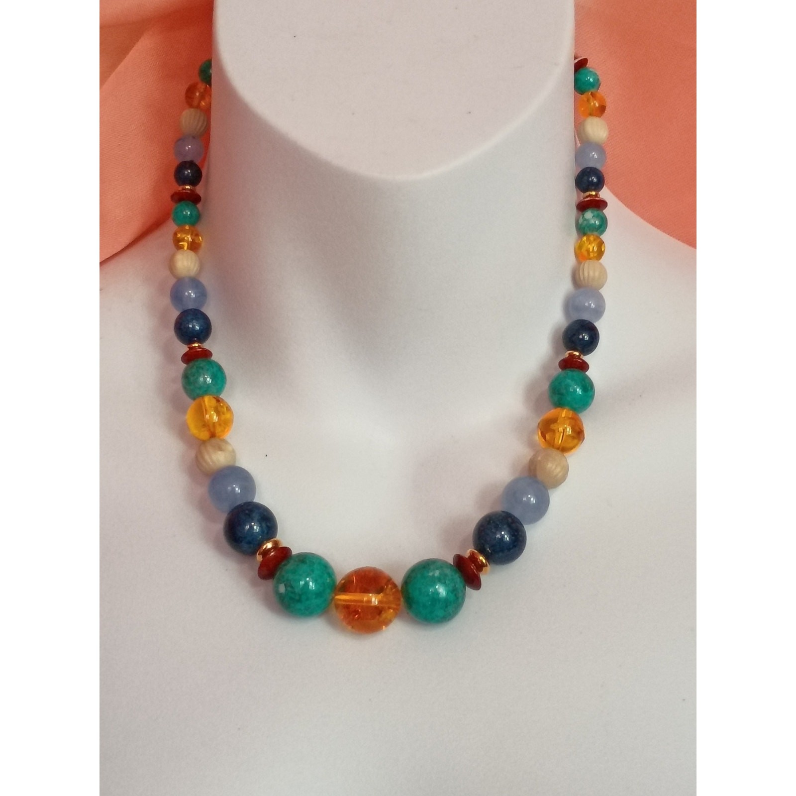 Multicolor Beaded Statement Necklace – Turquoise & Amber Tones