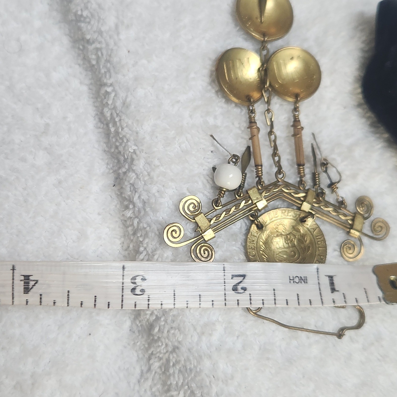 Vintage Peruvian Coin Brooch Brass Folk Art Sol De Oro Dangle Pin Peru Jewelry