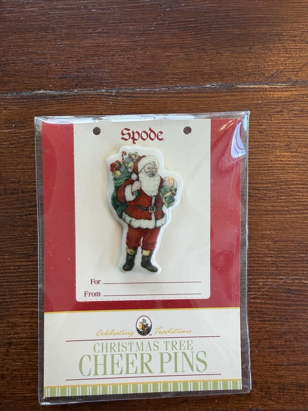 Spode Christmas Brooch Cheer Pin Classic Santa Claus Toy Bag Porcelain