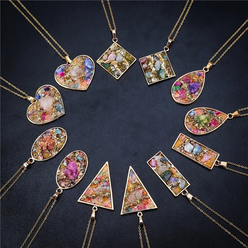 Geometric Colorful Nature Stone Necklace Tear Drop Crystal Pendant for Women Men