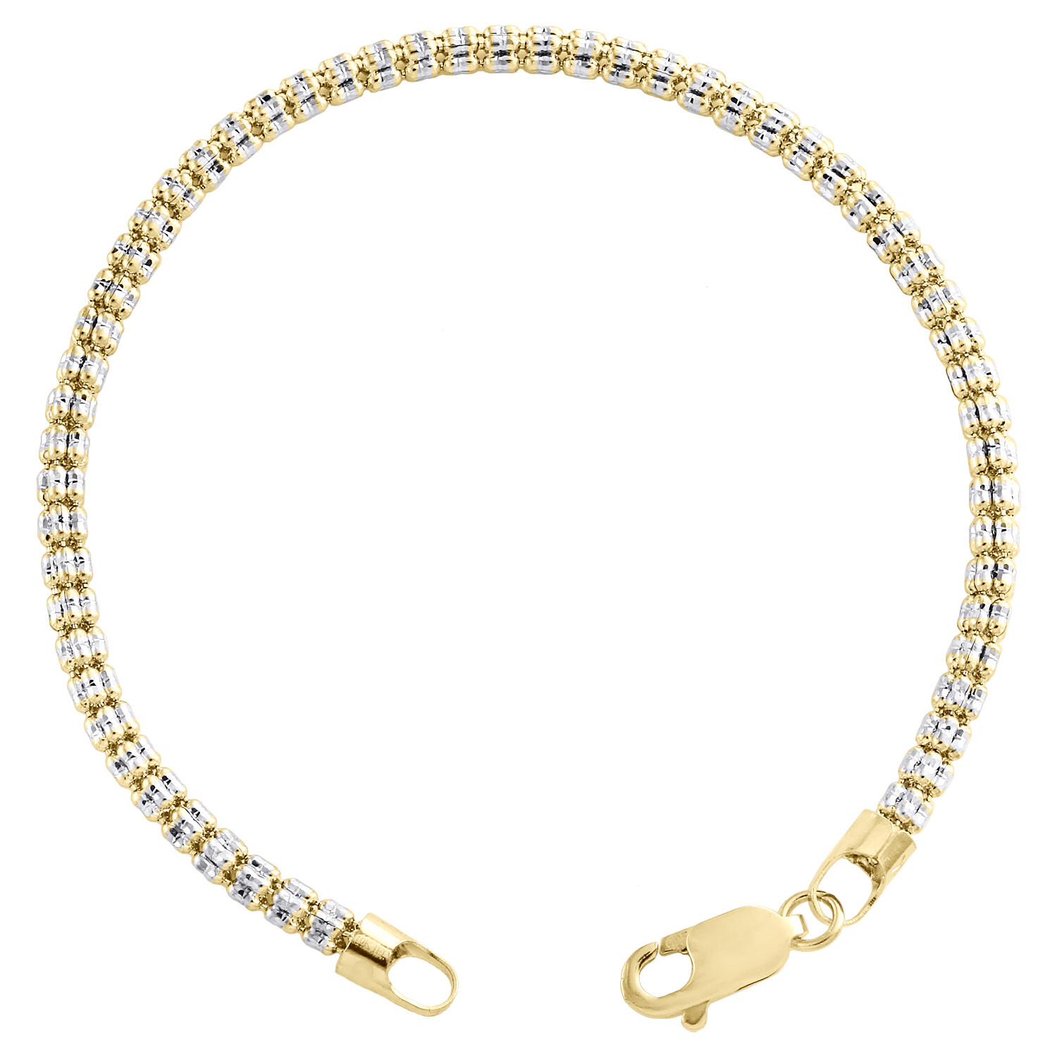 10K Yellow White Gold Two Tone 3mm Diamond Cut Ice Bead Link Bracelet 7-9 Inches