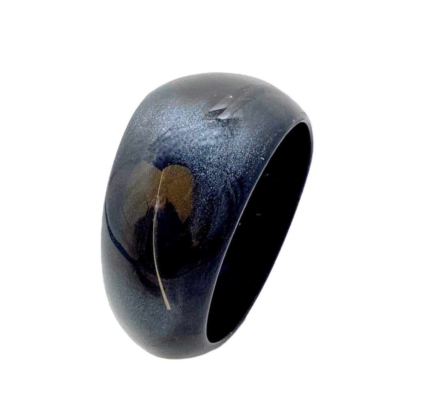 Lucite Bangle Bracelet S/M Feather Inlay Black Chunky 80s Disco Era Plastic VTG