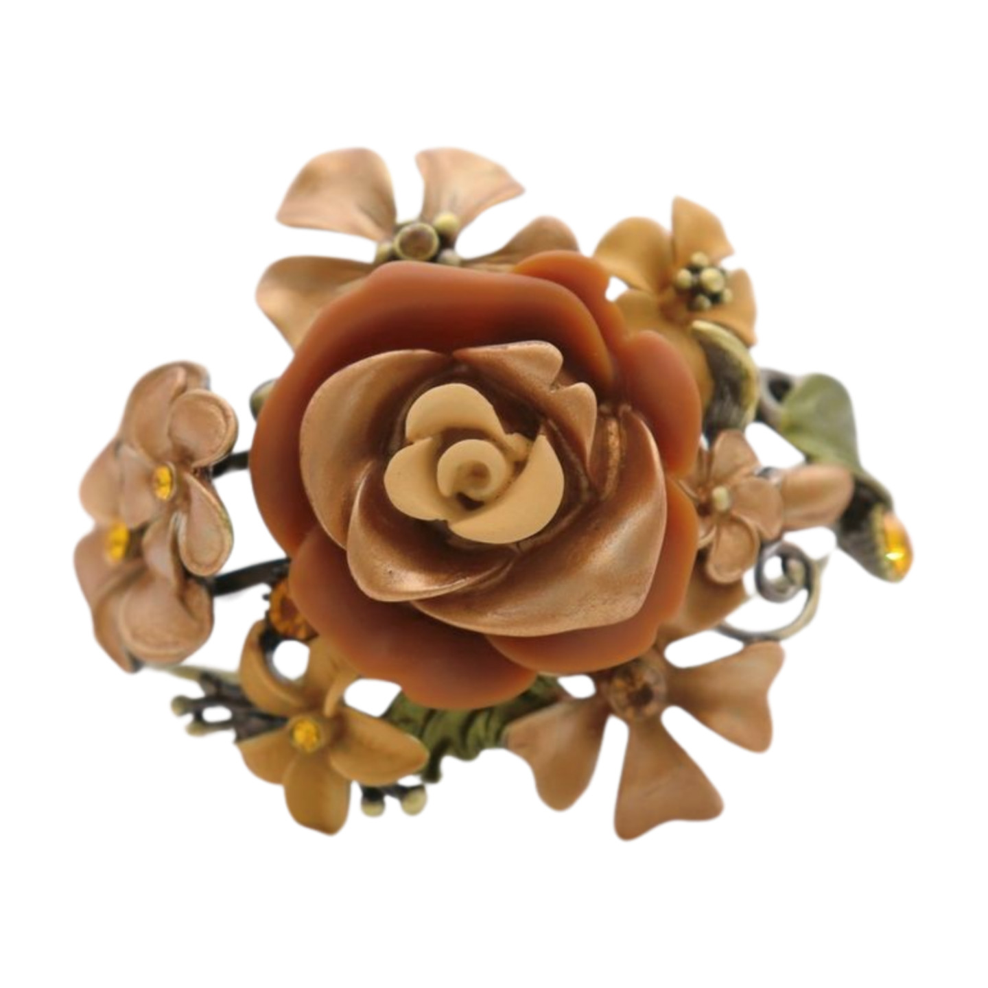 Women Antique Gold Metal Beige Brown Rose Flowers Cuff Bracelet Fashion Jewelry