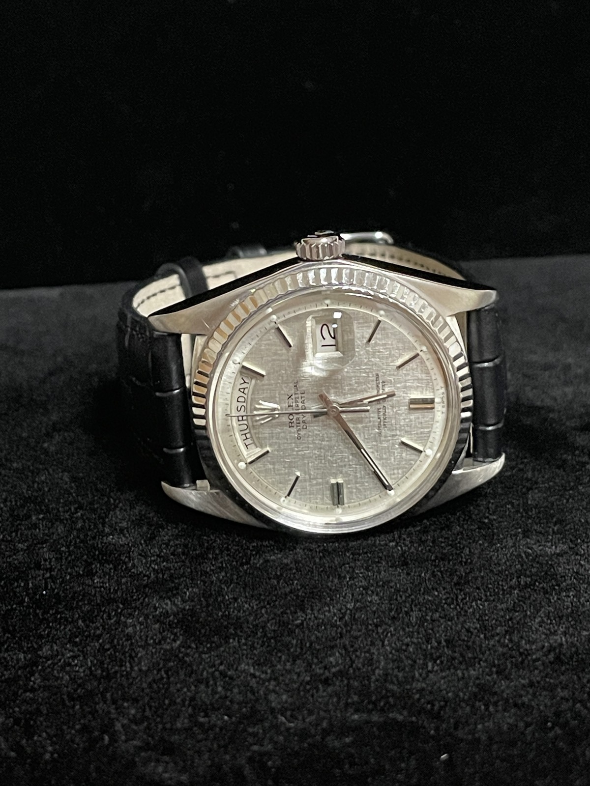1974 Rolex Day-Date 1803 Linen Dial 18kt White Gold Leather strap No Papers 36mm