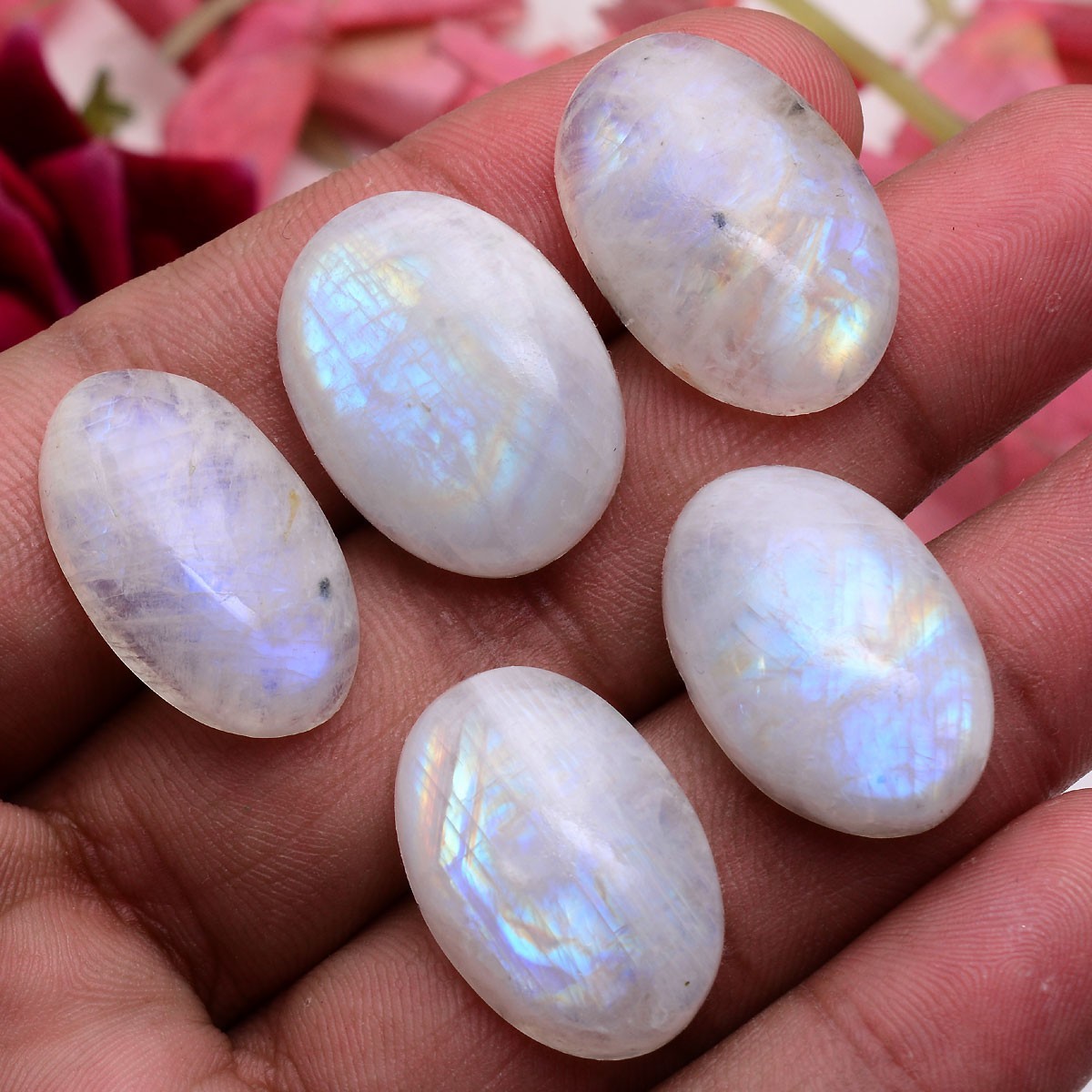 5 Pcs Natural Rainbow Moonstone 23mm-25mm Oval Cabochon Untreated Huge Gemstones