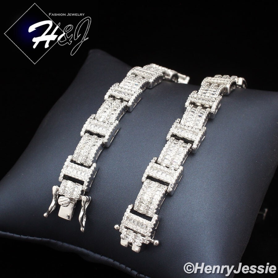 8″MEN SOLID 925 STERLING SILVER 9MM FULL ICY BAGUETTE CZ CHAIN LINK BRACELET*B16