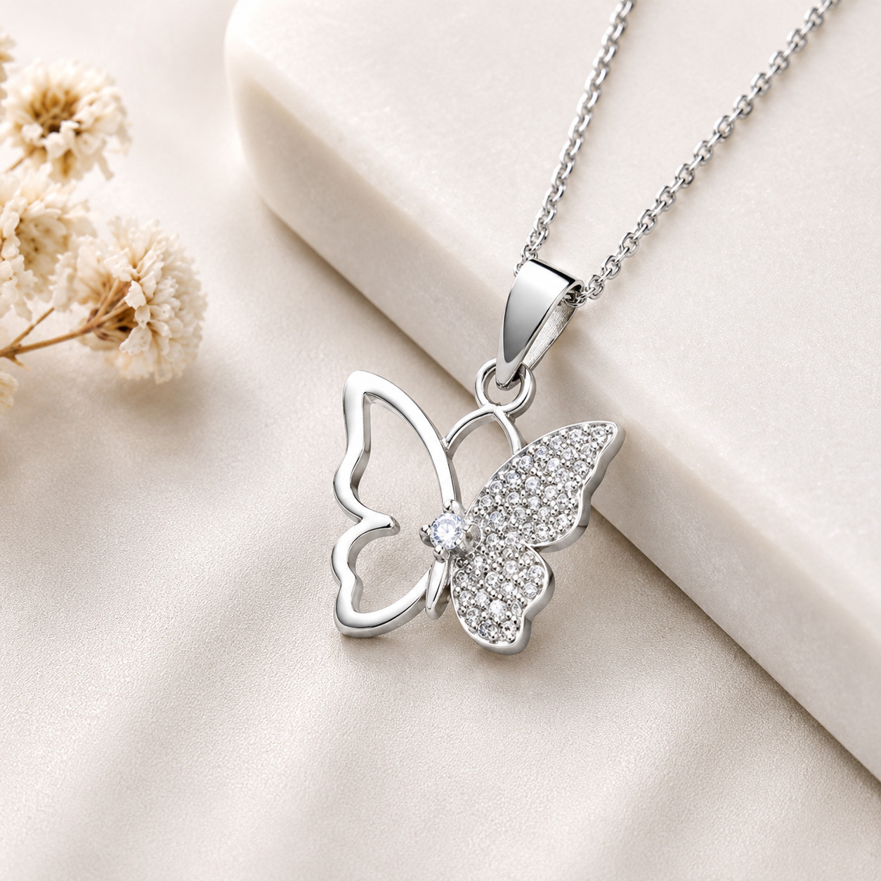 925 Sterling Silver Butterfly Pendant Necklace CZ Crystal Gift for Women