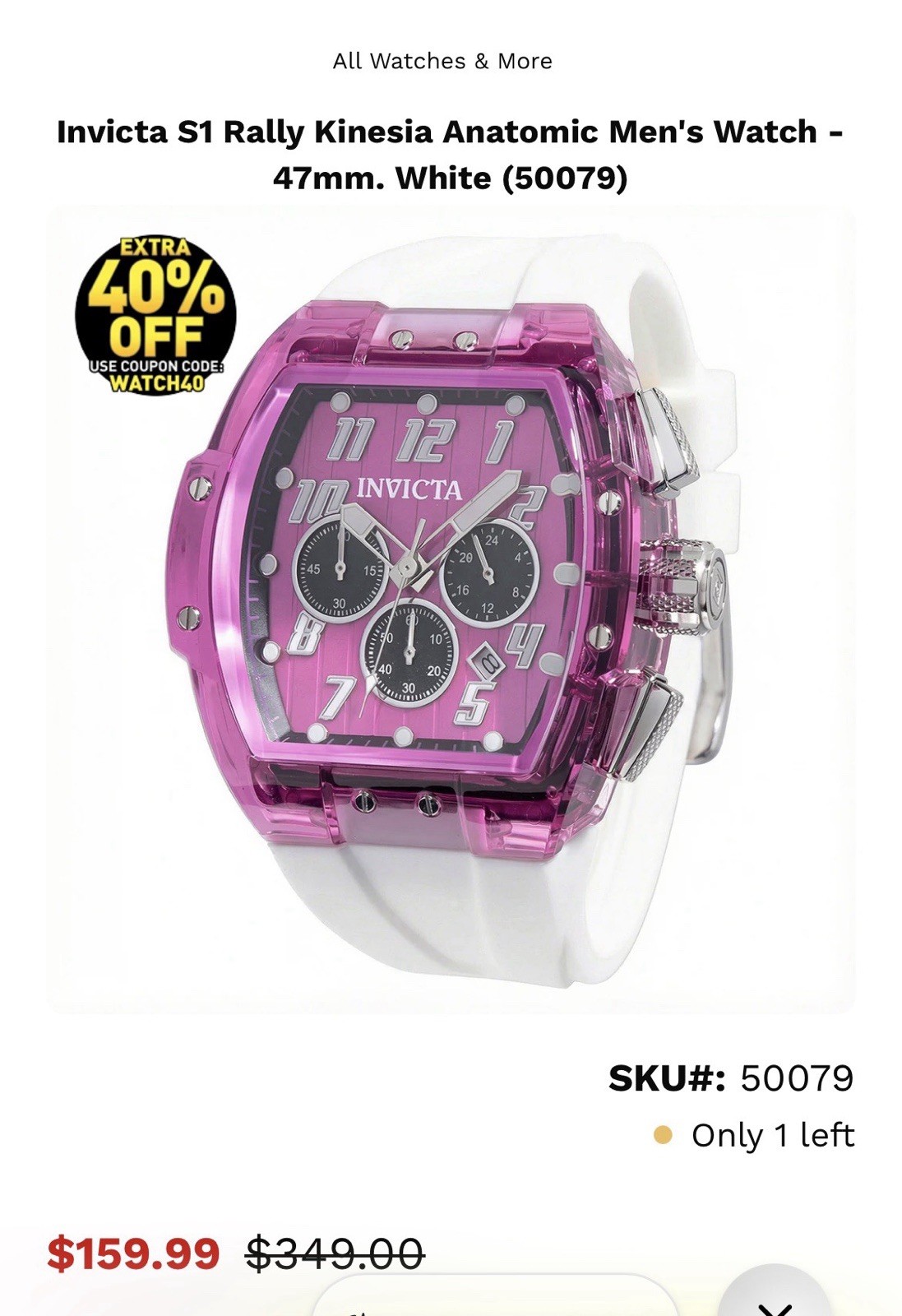 Invicta S1 Rally Kinesia Anatomic Men’s Quartz Watch 47mm Pink Dial 50079