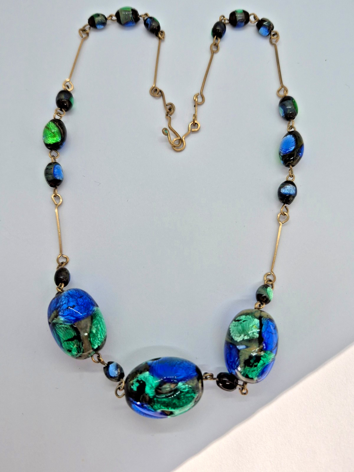 Vintage Art Deco Venetian Green, Blue & Black Foil Glass Bead Necklace 18″