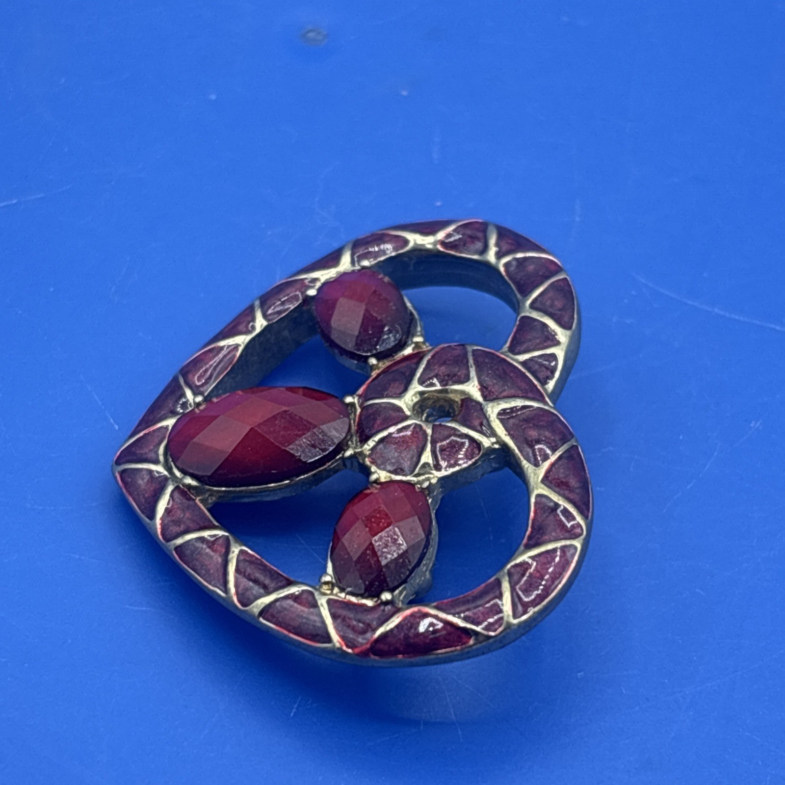 Vintage Red Enamel Heart Pin Pendant Faceted Stones Gold Tone 1.5” Double Use
