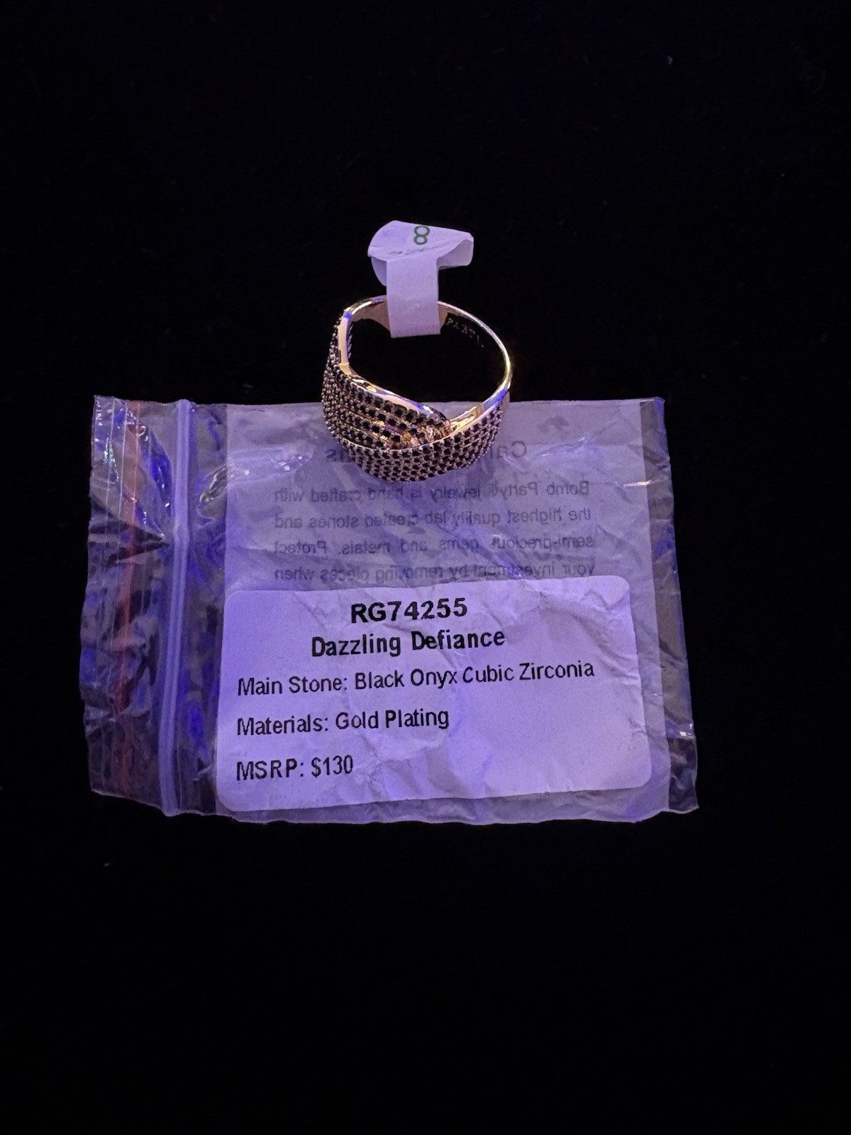 Dazzling Defiance Gold Plated Black Onyx CZ Wave Band Cocktail Ring Sz 8 RG74255