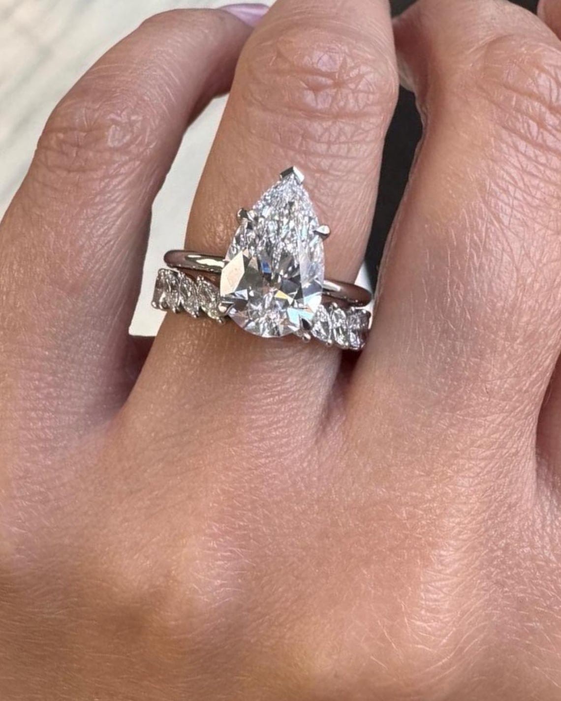 3 CT Pear Cut F/VVS1 Moissanite Wedding Bridal Ring Set 14K White Gold Plated