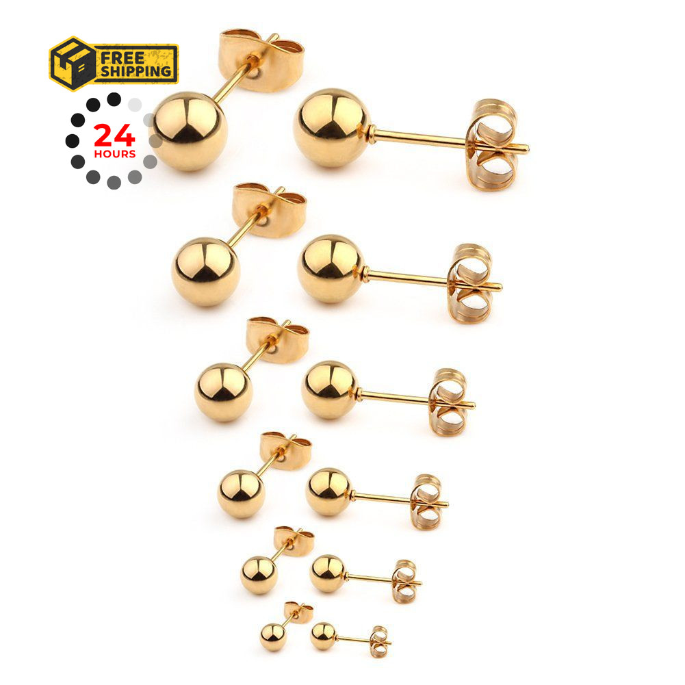 Ruifan 20G Stainless Steel Ball 3mm, 4mm, 5mm, 6mm, 7mm, 8mm, 6Pairs – Gold