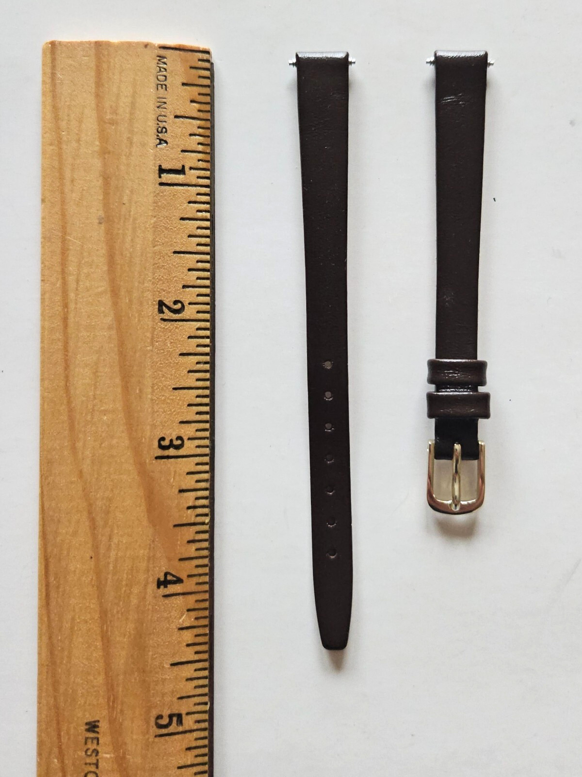 10mm / Long – Dark Brown Genuine Leather Watch Band – ( Gold Buckle / w Pins )