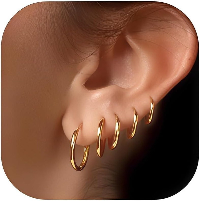 5 Pairs 14K Gold Plated Huggie Hoop Earrings for Women – Lightweight Minimalist
