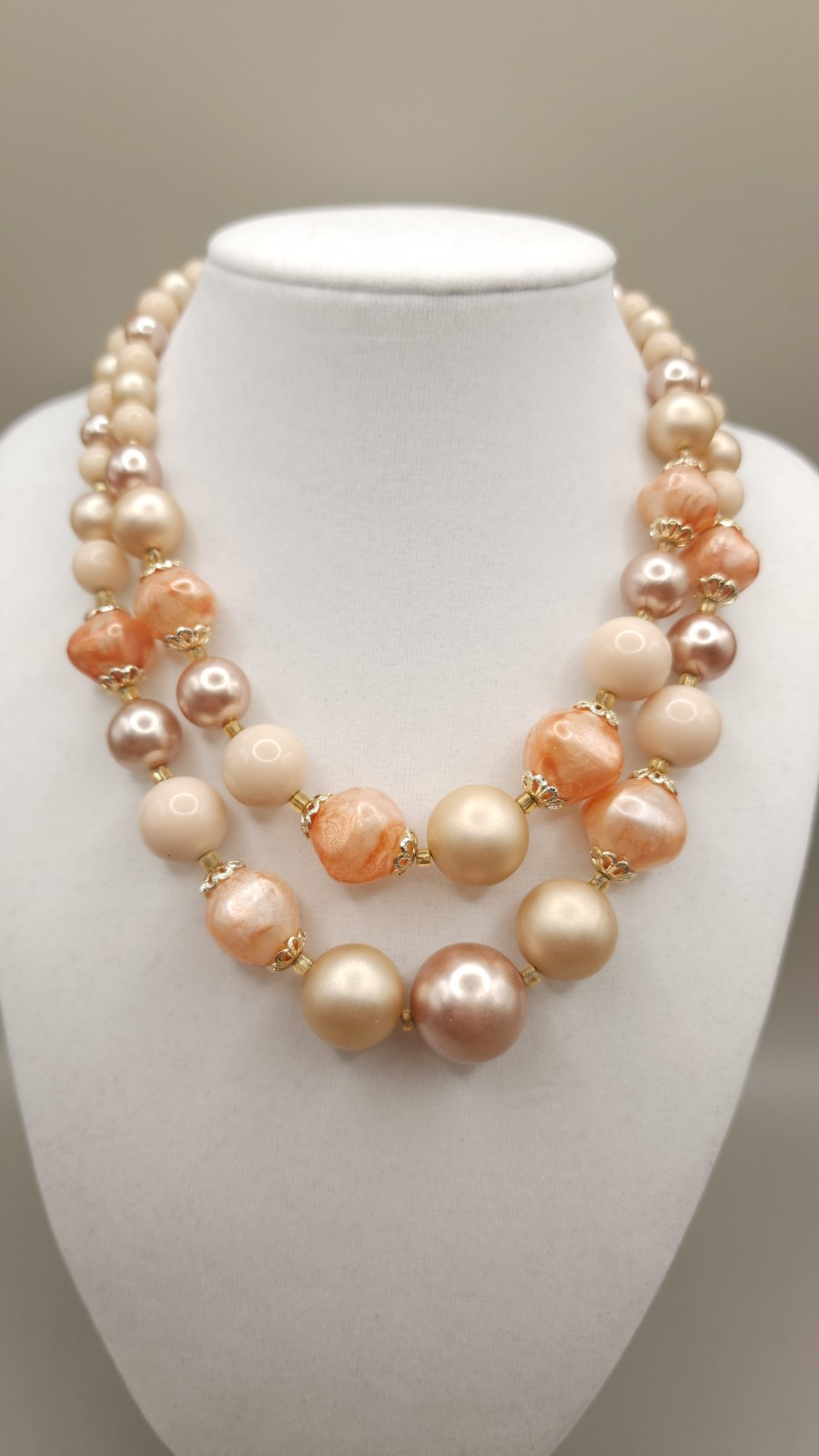 Vintage 1950s Japan Double Strand Bead Choker Necklace Peach Pink Faux Pearl MCM