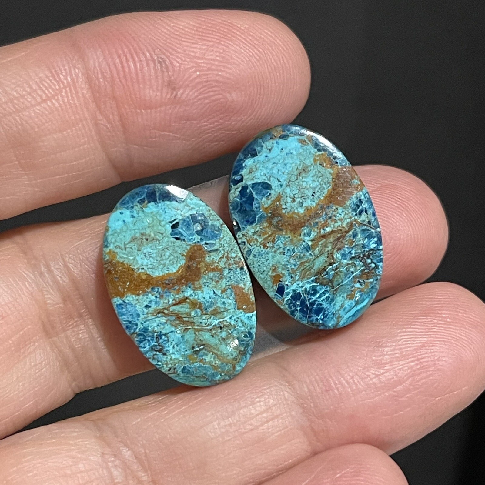 31ct 22×14.5×5.4mm Pair Of Green Blue Shattuckite Oval Cabochons Gems