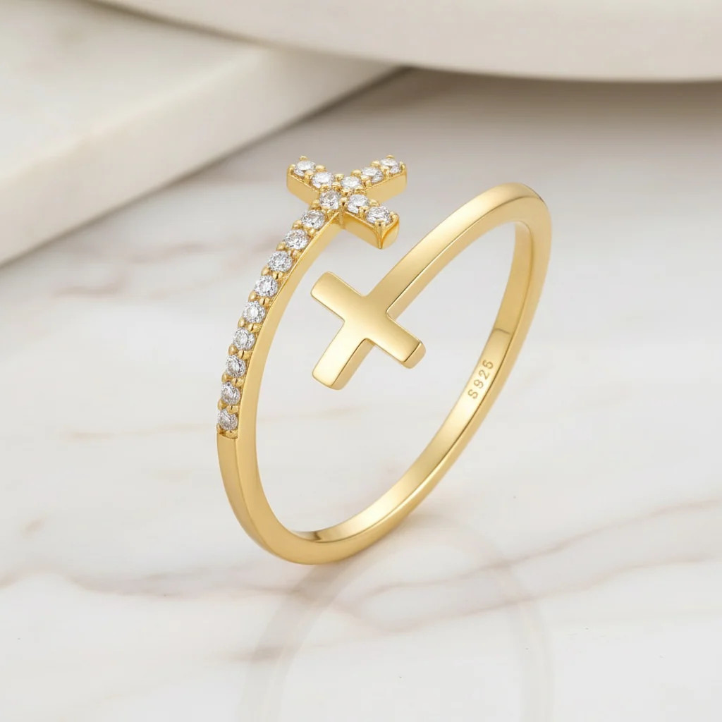 Gold & CZ Double Cross Ring by Stella Amoré: Adjustable Christian Jewelry