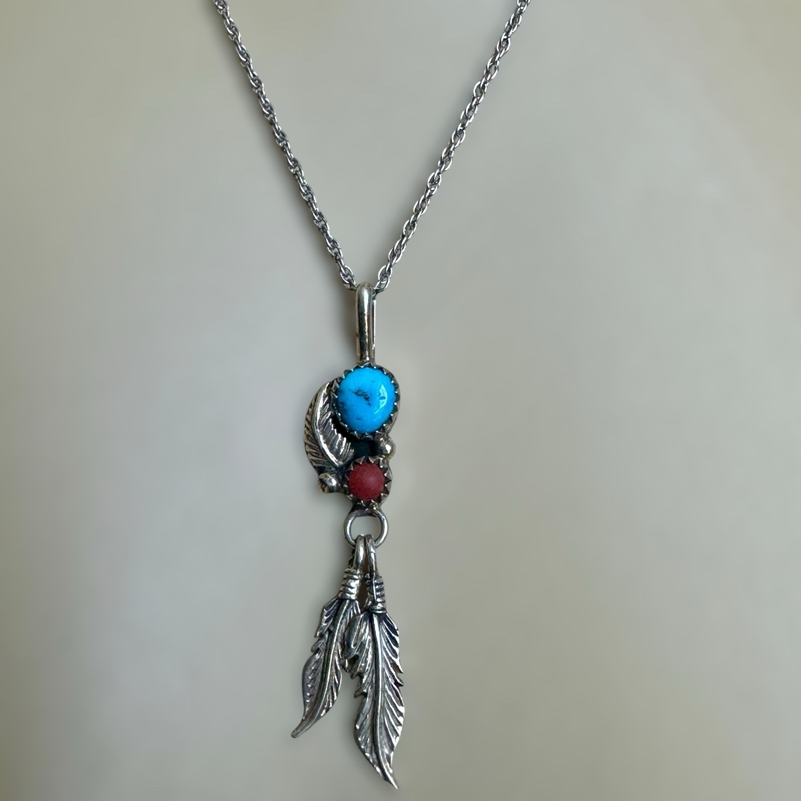 George Kee Navajo Pendant Necklace 17.5 Inch Turquoise Coral 925 Sterling 4.1g