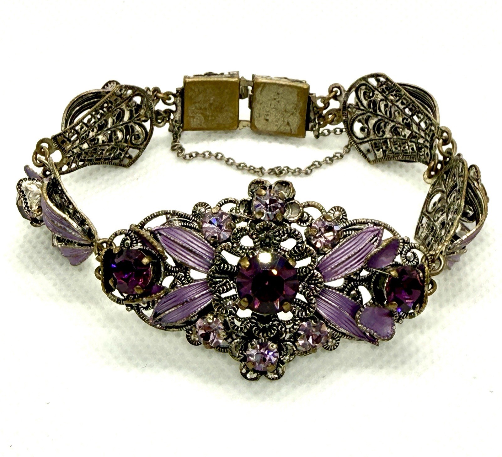 Western Germany Purple Rhinestone Enamel Parure Set Bracelet Earrings Lavender