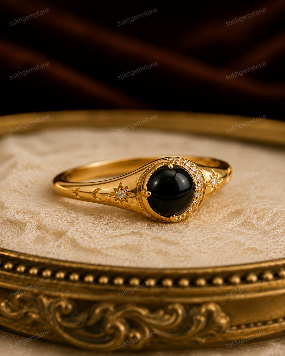 Lab Created Black Hakik Ring, Base Metal: Brass Finish: Gold Plated