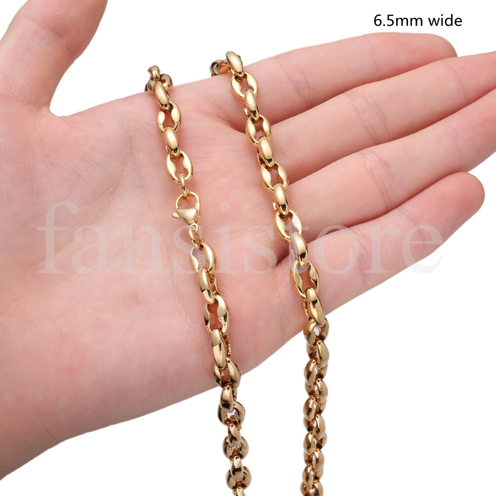 6.5-12mm Men Gold Tone Stainless Steel Hollowed Out Coffee Beads Chain Necklace