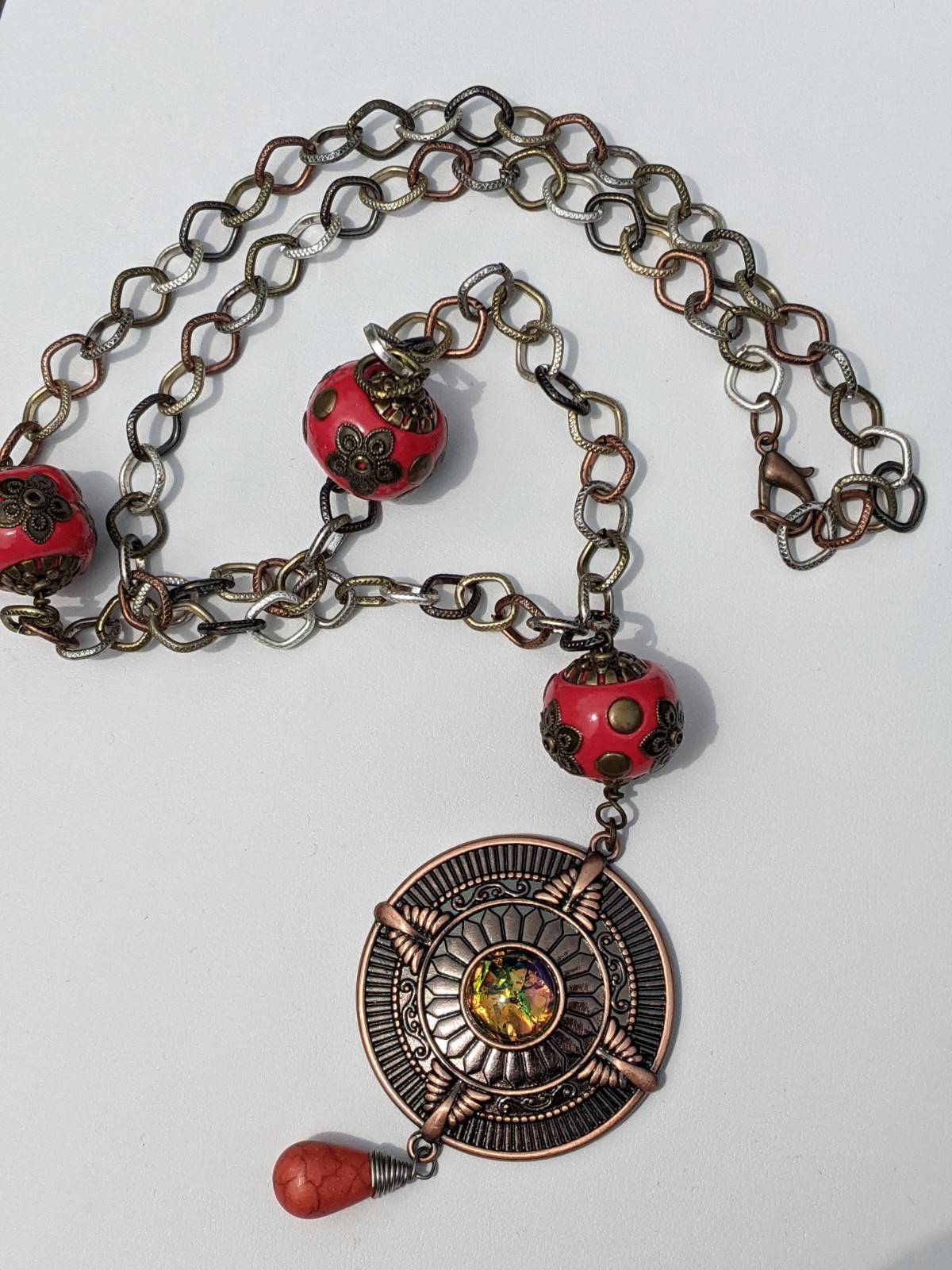 Copper Medallion on a Long Tri-colored Chain Necklace