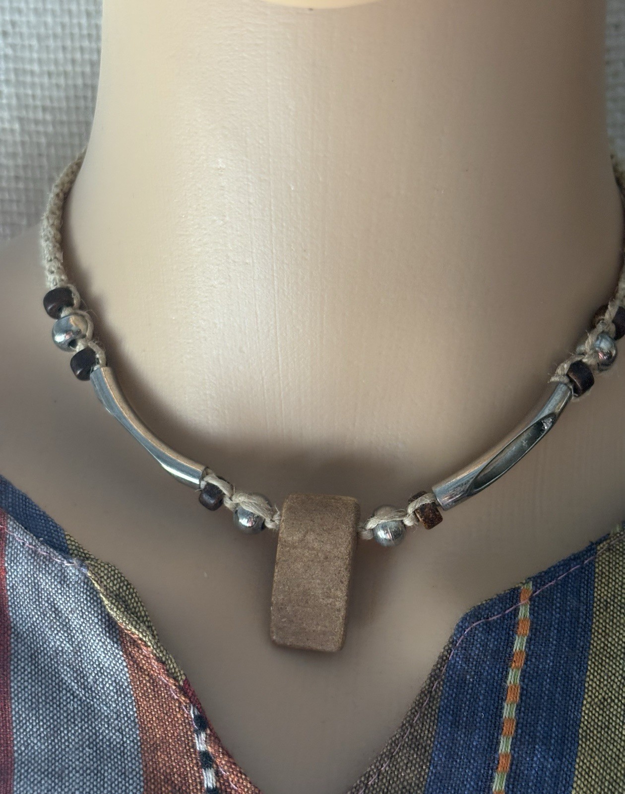 Silver Brown hemp Choker Necklace Rectangle Charm Pendant Adjustable Tie