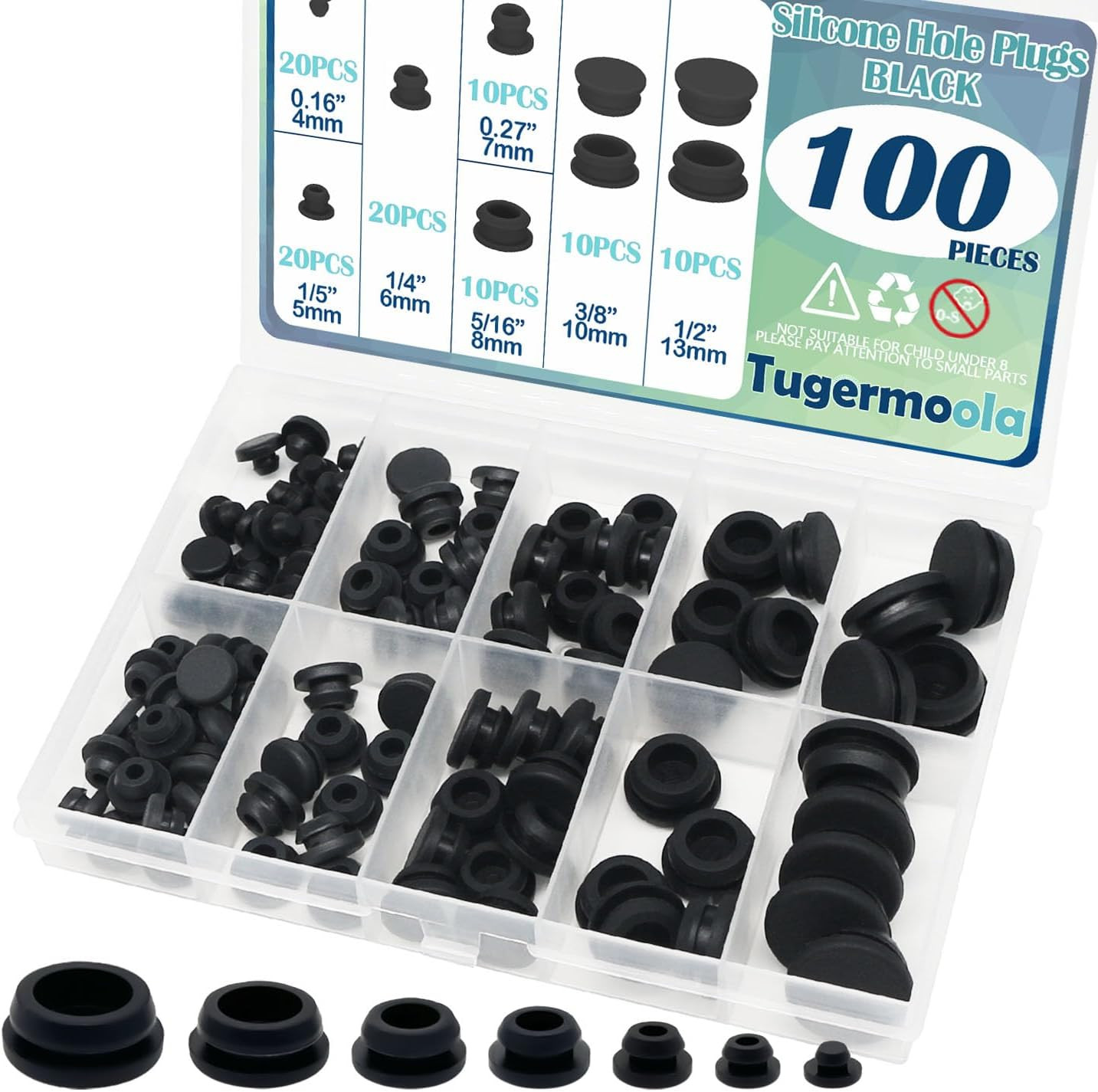 100PCS 7 Sizes Small Rubber Hole Plugs Assorted for round Holes 1/5″ 1/4″ 5/16″