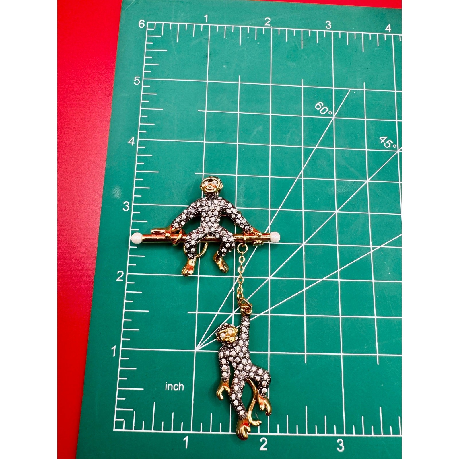 Vintage Rhinestone Monkeys Brooch Pin Dangle Articulated Gold Tone Faux Pearl