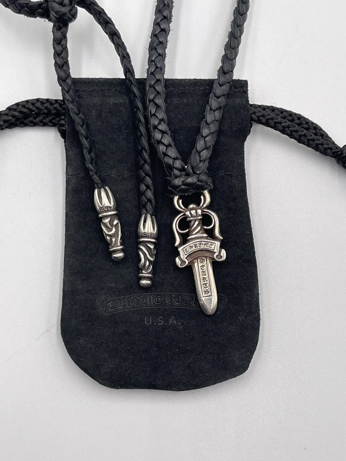 100% Authentic Chrome Hearts Dagger Pendant +CH Leather Braid Bolo/Boro Necklace