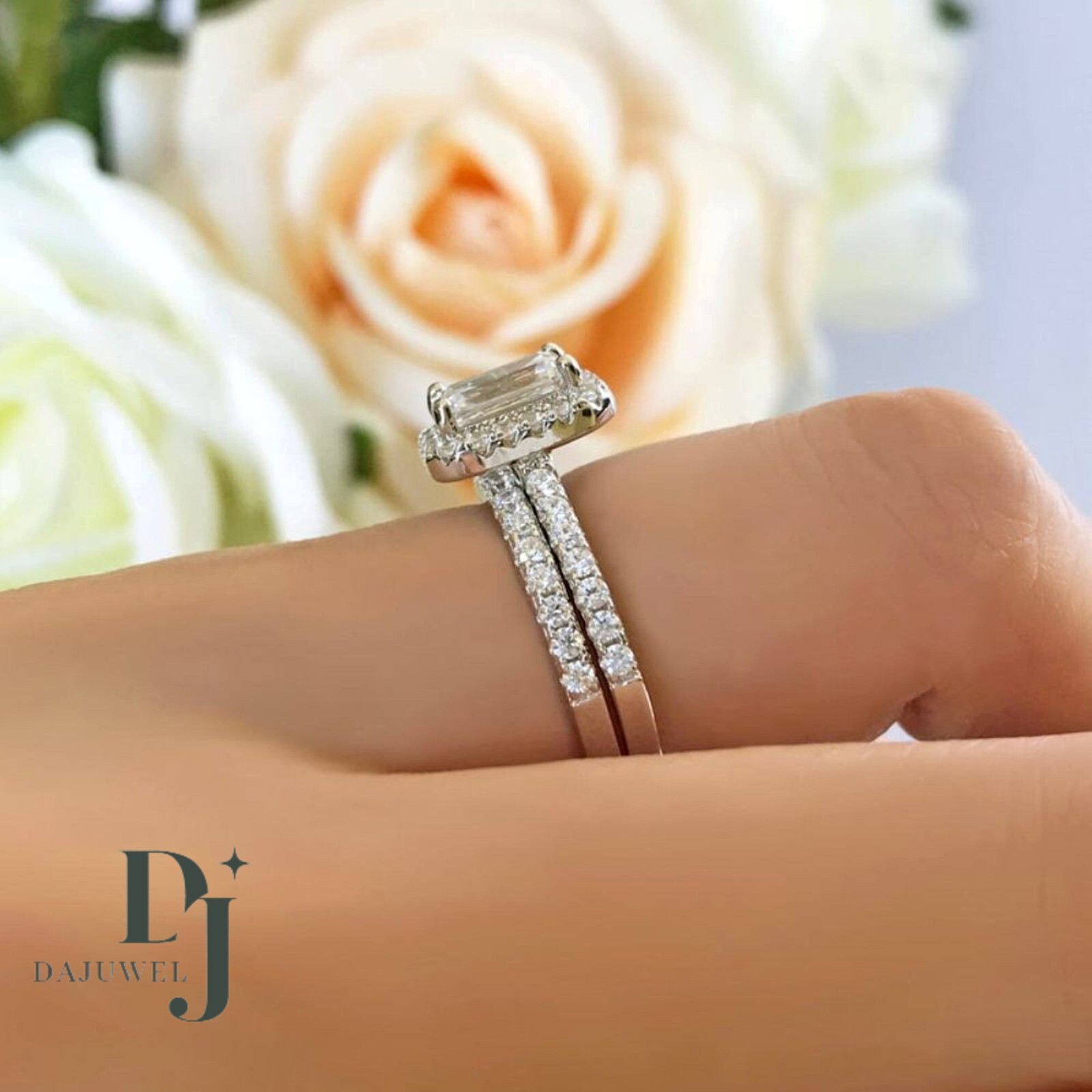 2.50 CT Emerald Cut Moissanite Bridal Set Engagement Ring Solid 14K White Gold