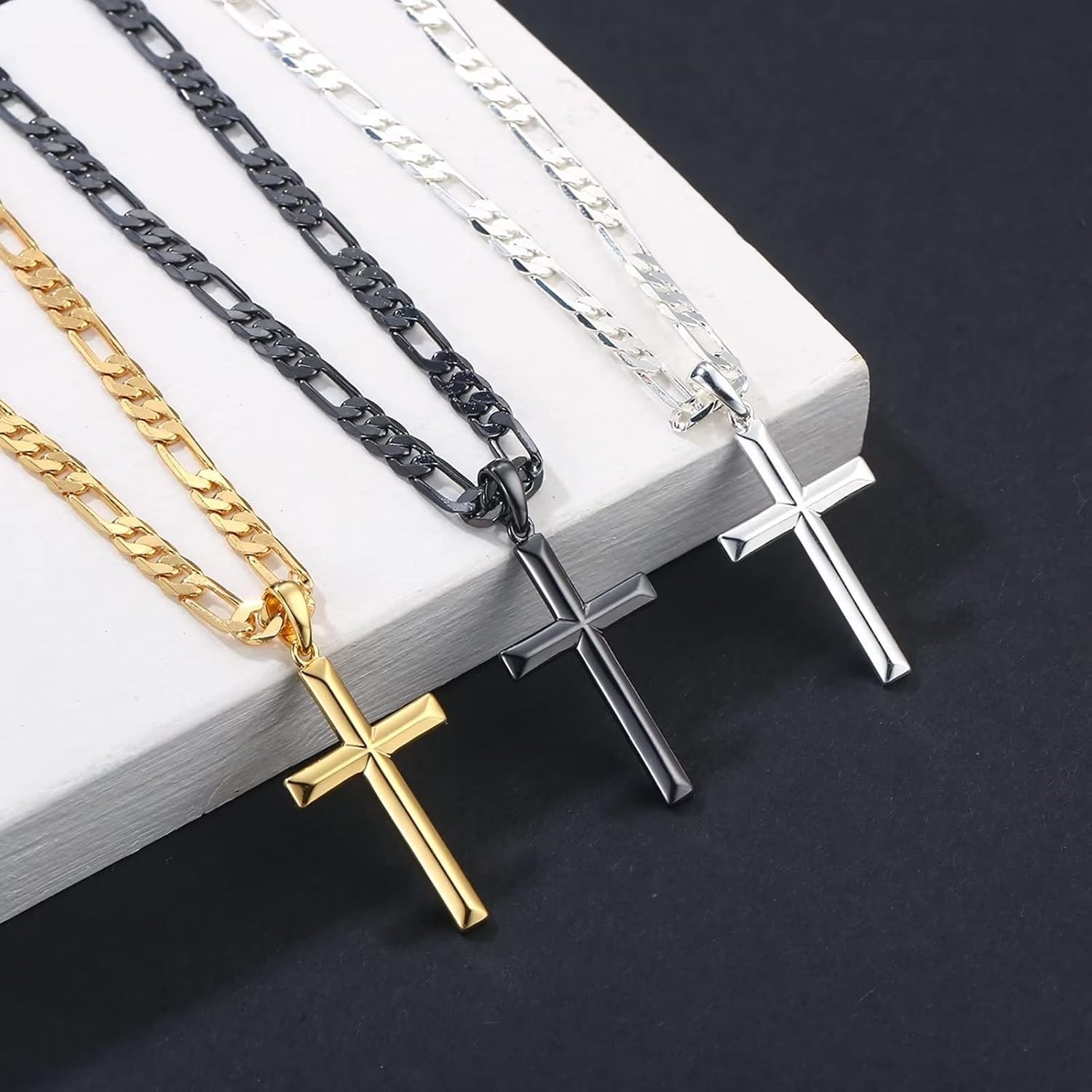 Ursteel S925 Sterling Silver Cross Pendant for Men, 16-24 Inch Figaro Brass