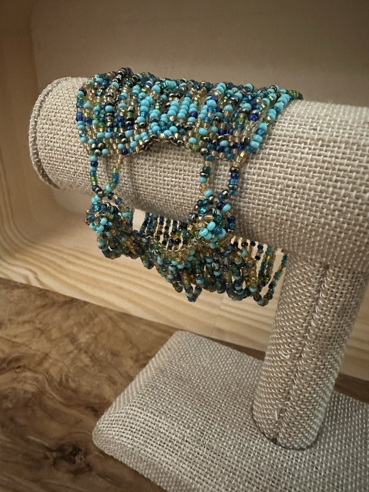 Artisan Seed Beaded 7.5 Wrap Cuff Bracelet Multi Blue Gold Double Toggle Closure